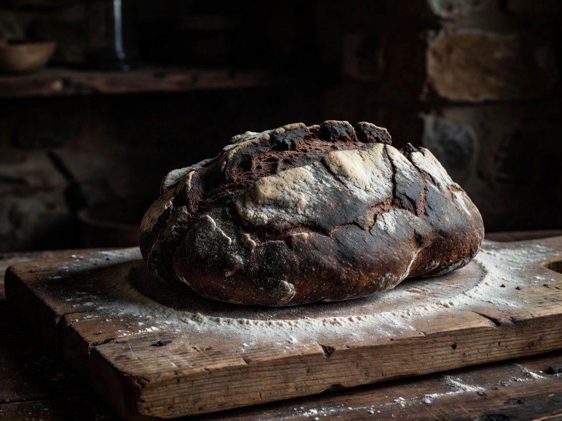 A dark, rustic loaf of bread dusted with flour on a wooden board