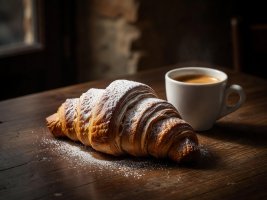An Italian cornetto dusted with powdered sugar beside an espresso cup