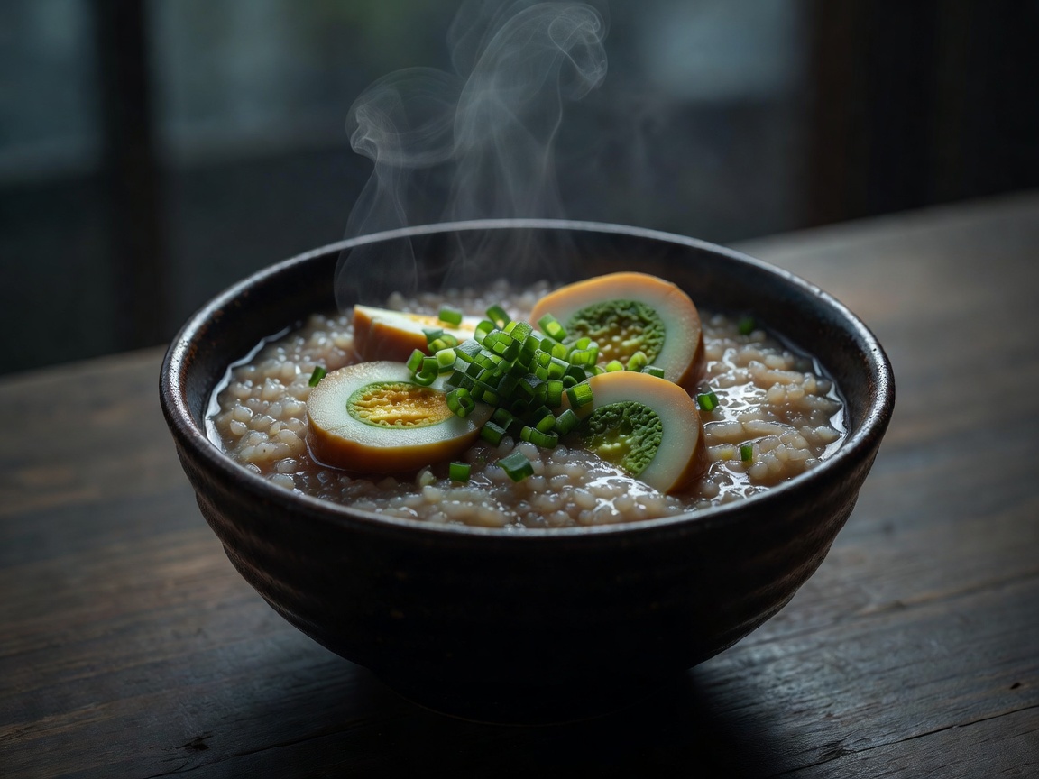 A dark bowl of steaming congee topped with a century egg and scallions in dim morning light