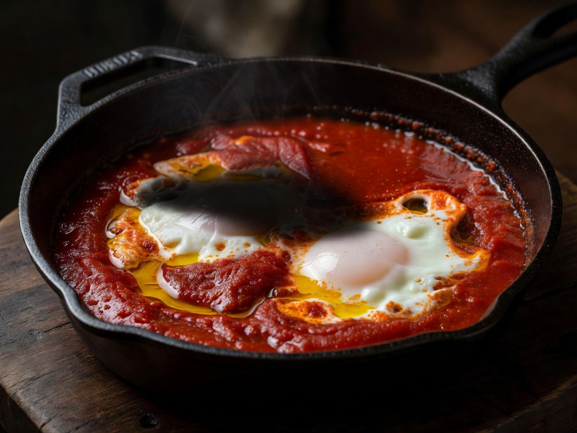 A cast iron skillet containing deep red shakshuka with perfectly poached eggs in shadow