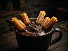 Thick, dark hot chocolate with golden churros dipping into it