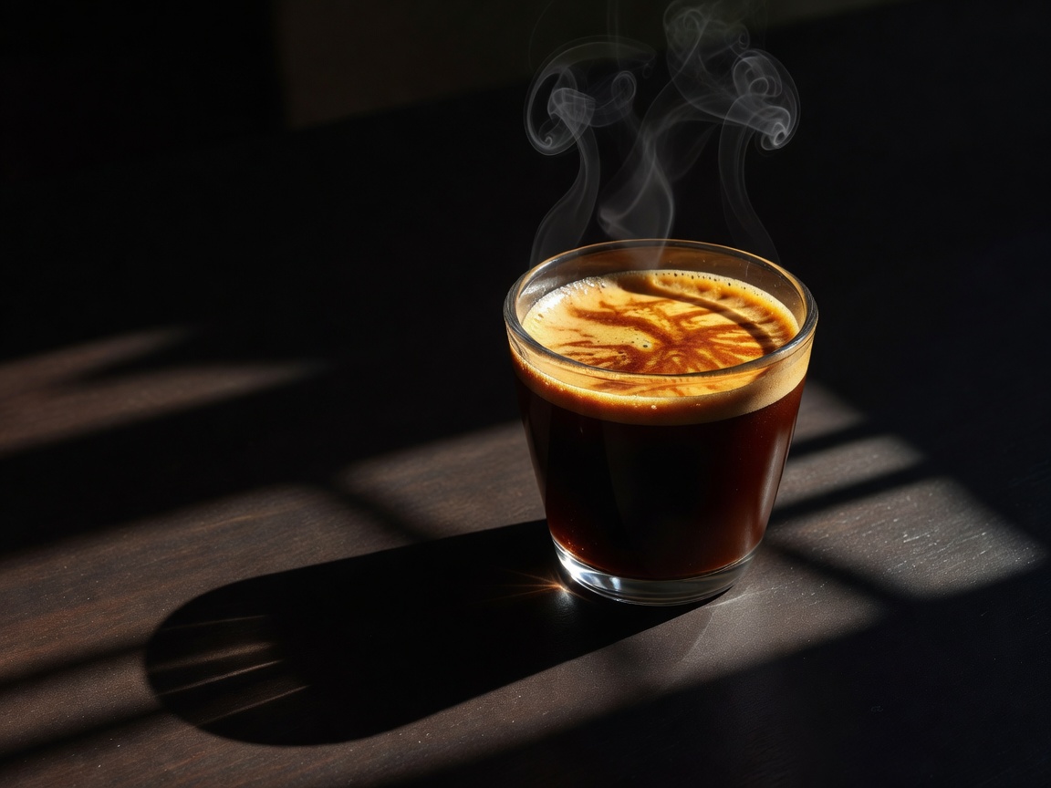 A shot of thick espresso with crema in a glass cup, harsh dramatic shadows